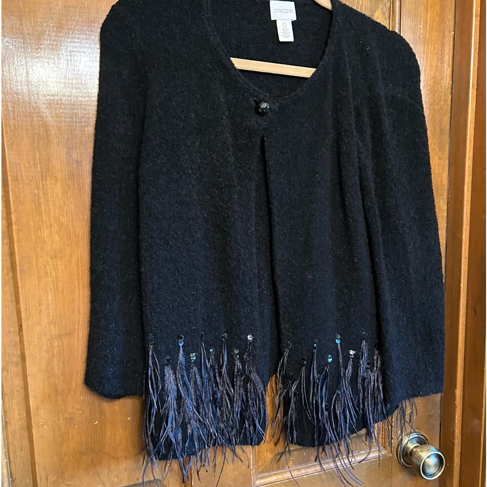 Chico’s size 0 (misses 4-6) embellished cardigan/jacket with feathers/sequins